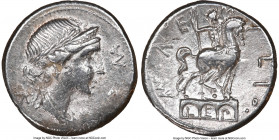 Mn. Aemilius Lepidus (ca. 114-113 BC). AR denarius (18mm, 3.86 gm, 9h). NGC Choice XF 4/5 - 3/5. Rome. ROMA (MA ligate), laureate, draped bust of Roma...