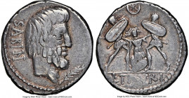 L. Titurius L.f. Sabinus (ca. 89 BC). AR denarius (18mm, 5h). NGC Choice VF. Rome. SABIN / A•PV, bearded head of king Tatius right, palm branch before...