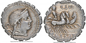 C. Naevius Balbus (79 BC). AR serratus denarius (19mm, 1h). NGC VF, marks. Rome. Head of Venus right, wearing stephane, necklace and earring; S•C behi...