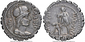 Mn. Aquillius M.f. (ca. 71/65 BC). AR denarius serratus (19mm, 6h). NGC VF, scratches. Rome. VIRTVS-III•VIR, draped bust of Virtus right, wearing cres...