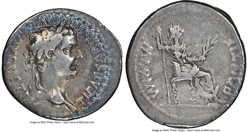 Tiberius, as Augustus (AD 14-37). AR denarius (19mm, 3.68 gm, 8h). NGC Choice Fi...