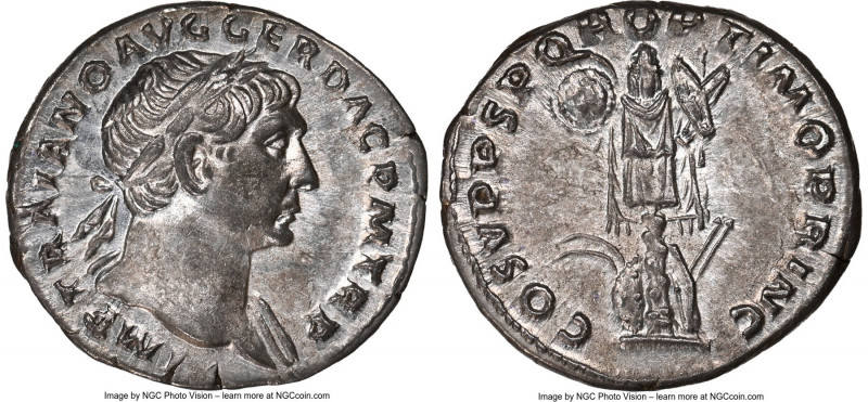 Trajan (AD 98-117). AR denarius (18mm, 3.36 gm, 6h). NGC AU 5/5 - 4/5. Rome, AD ...