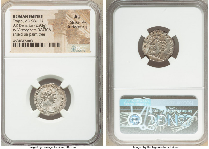 Trajan (AD 98-117). AR denarius (19mm, 2.93 gm, 7h). NGC AU 4/5 - 3/5. Rome, AD ...