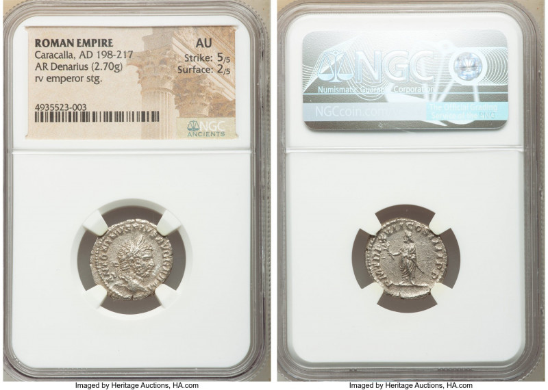 Caracalla, as Augustus (AD 198-217). AR denarius (19mm, 2.70 gm, 12h). NGC AU 5/...