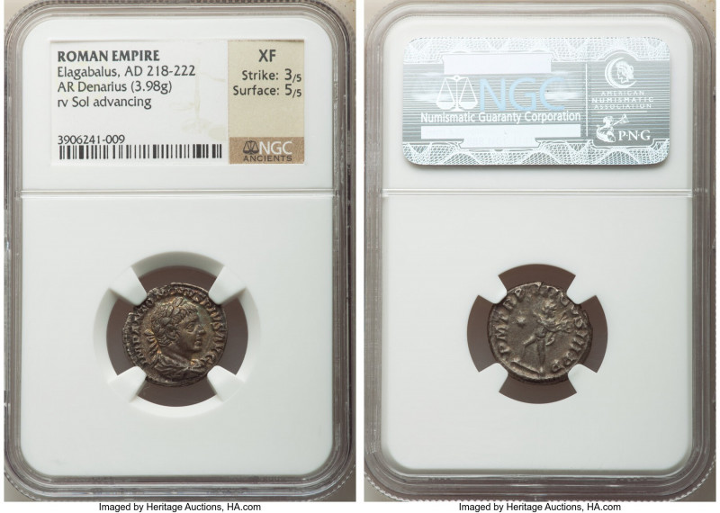 Elagabalus (AD 218-222). AR denarius (18mm, 3.98 gm, 1h). NGC XF 3/5 - 5/5. Rome...