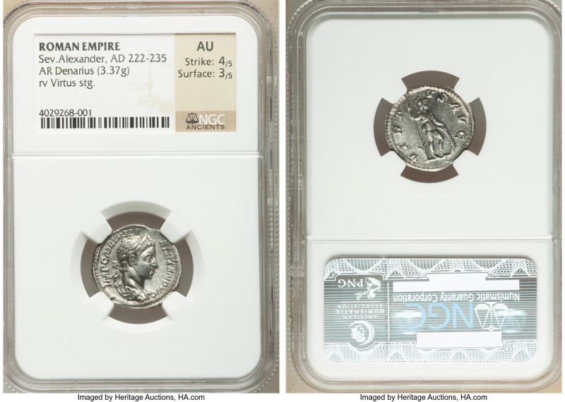 Severus Alexander (AD 222-235). AR denarius (19mm, 3.37 gm, 5h). NGC AU 4/5 - 3/...