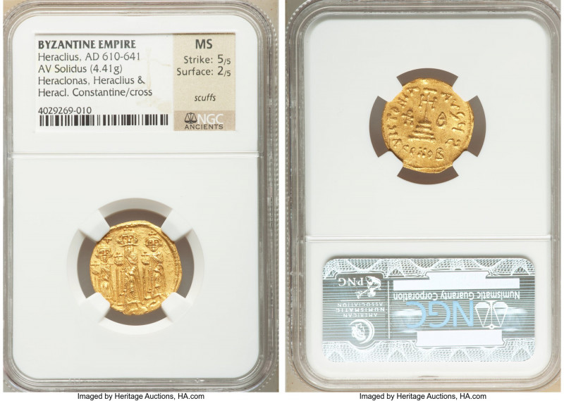 Heraclius (AD 610-641). AV solidus (21mm, 4.41 gm, 6h). NGC MS 5/5 - 2/5, scuffs...