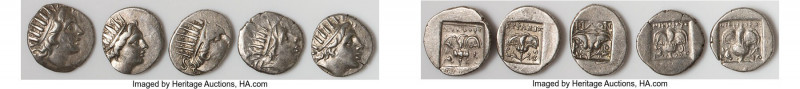 ANCIENT LOTS. Greek. Carian Islands. Rhodes. Ca. 88-84 BC. Lot of five (5) AR dr...