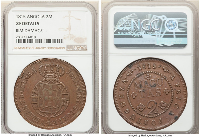 Portuguese Colony. João Prince Regent 2 Macutas 1815 XF Details (Rim Damage) NGC...