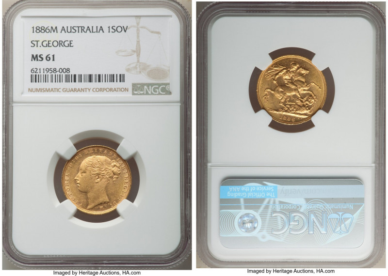 Victoria gold "St. George" Sovereign 1886-M MS61 NGC, Melbourne mint, KM7.

HI...