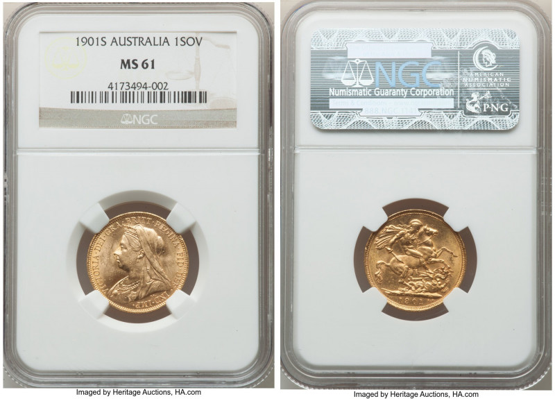 Victoria gold Sovereign 1901-S MS61 NGC, Sydney mint, KM13. Conservatively grade...