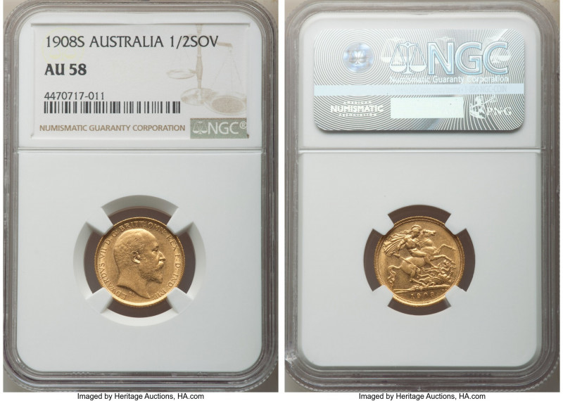 Edward VII gold 1/2 Sovereign 1908-S AU58 NGC, Sydney mint, KM14. AGW 0.1177 oz....