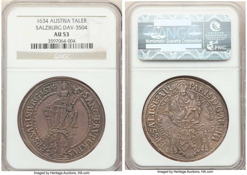 Salzburg. Paris von Lodron Taler 1634 AU53 NGC, KM87, Dav-3504. Lovely lavender-...