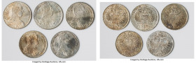 Maria Theresa 5-Piece Lot of Uncertified Talers(Cleaned), 1) Restrike Taler 1780-Dated-SF - AU (Cleaned), Gunzburg mint, KM22. 40.2mm. 28.00gm 2) Tale...