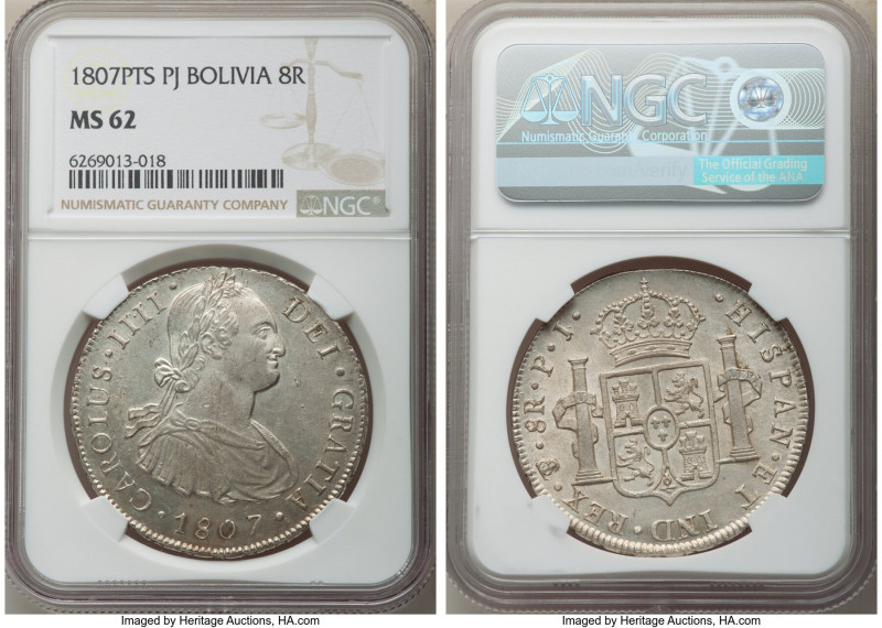 Charles IV 8 Reales 1807 PTS-PJ MS62 NGC, Potosi mint, KM73. Fossil gray toned o...