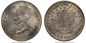 Republic 8 Soles 1850 PTS-FM AU58 PCGS, Potosi mint, KM109. Sable and argent toning with turquoise, red and gold infused peripheries. Ex. Fred Weinber...