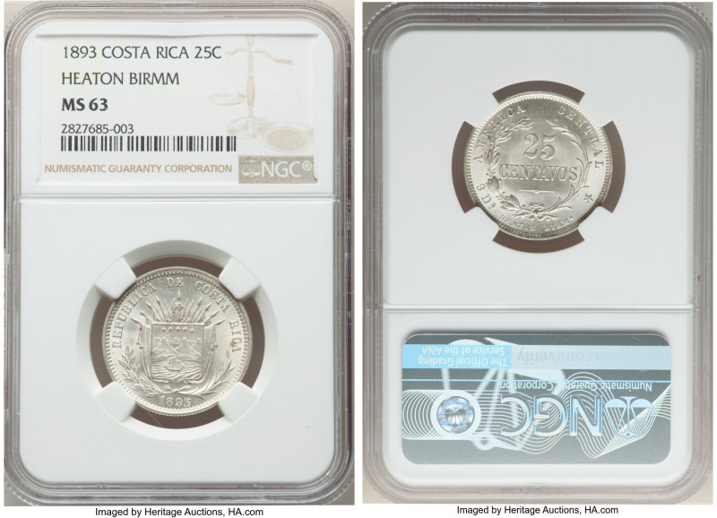 Republic 25 Centavos 1893-HEATON MS63 NGC, Heaton mint, KM130. Coin alignment. L...