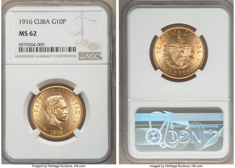 Republic gold 10 Pesos 1916 MS62 NGC, Philadelphia mint, KM20. AGW 0.4838 oz. 
...