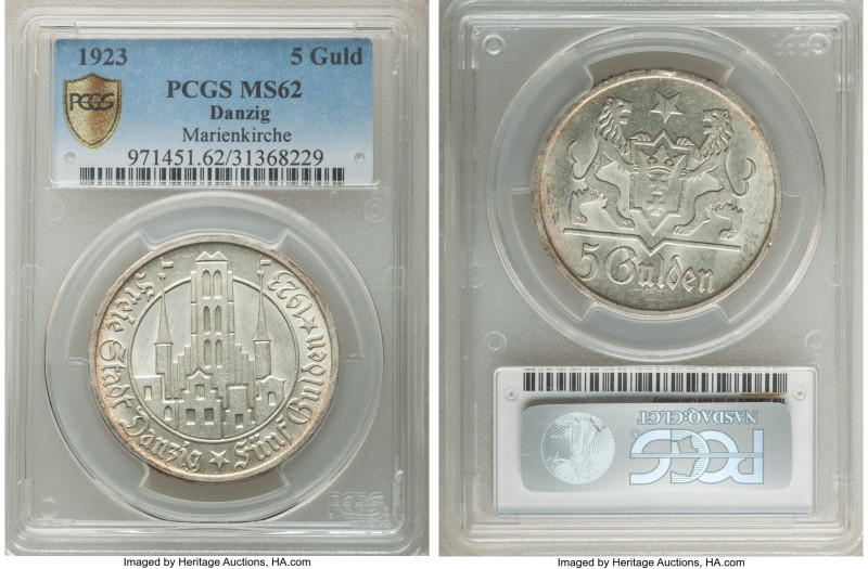 Free City 5 Gulden 1923 MS62 PCGS, Utrecht mint, KM147, Dav-68. Nearly choice un...