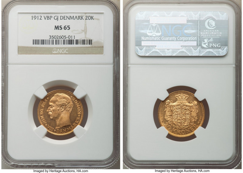 Frederick VIII gold 20 Kroner 1912 (h)-VBP MS65 NGC, Copenhagen mint, KM810.

...