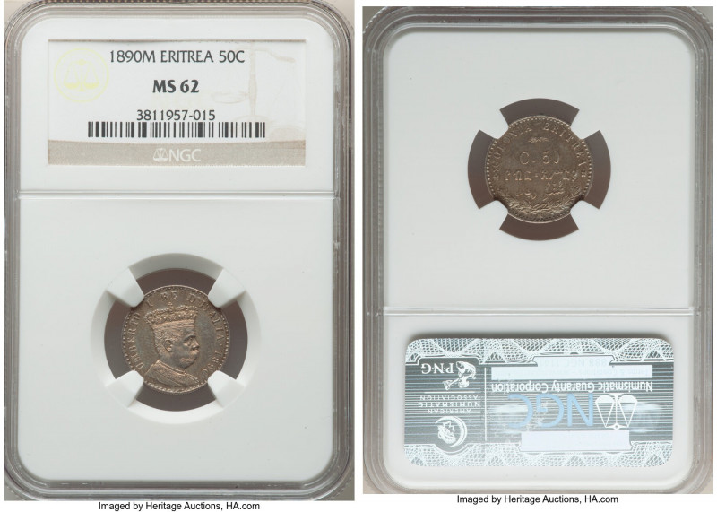 Italian Colony. Umberto I 50 Centesimi 1890-M MS62 NGC, Milan mint, KM1. Orange,...