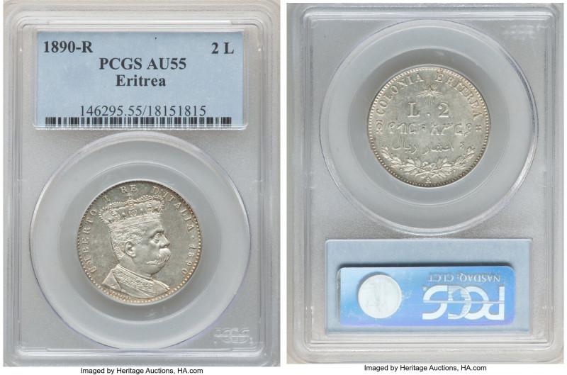 Italian Colony. Umberto I 2 Lire 1890-R AU55 PCGS, Rome mint, KM3. Semi-Prooflik...