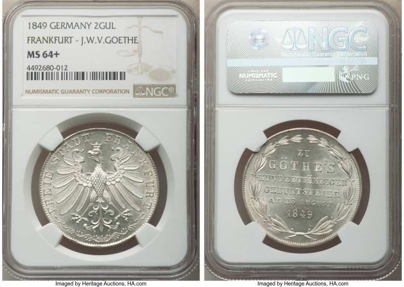 Frankfurt. Free City 2 Gulden 1849 MS64+ NGC, KM343. Commemorates the Centenary ...