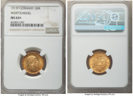 Württemberg. Wilhelm II gold 10 Mark 1913-F MS64+ NGC, Stuttgart mint, KM633. Peripheral toning with satin surfaces. 

HID09801242017

© 2022 Heri...