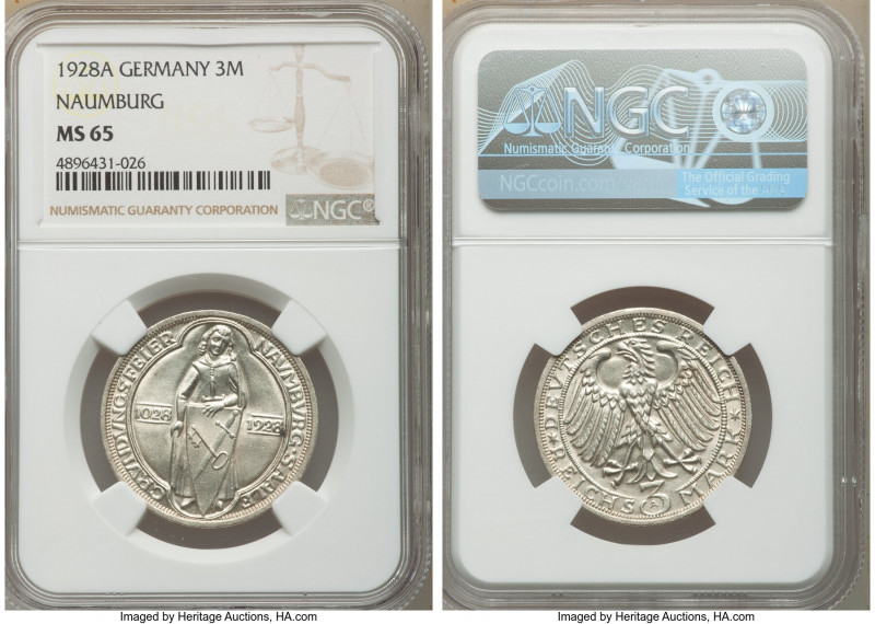 Weimar Republic "Naumburg" 3 Mark 1928-A MS65 NGC, Berlin mint, KM57. Commemorat...