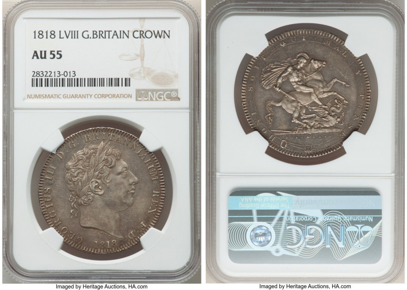 George III Crown 1818-LVIII AU55 NGC, KM675, S-3787. LVIII on edge. Olive-gray t...