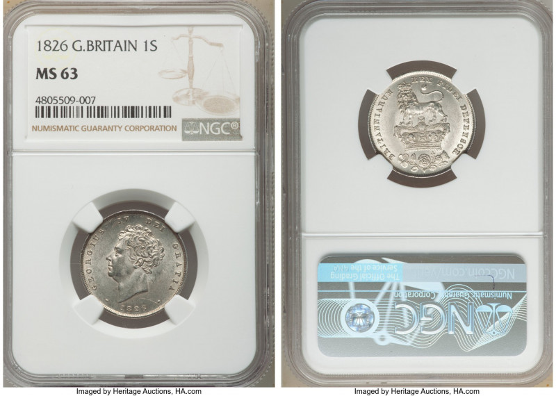 George IV Shilling 1826 MS63 NGC, KM694, S-3812. Whirling mint bloom with pearl ...