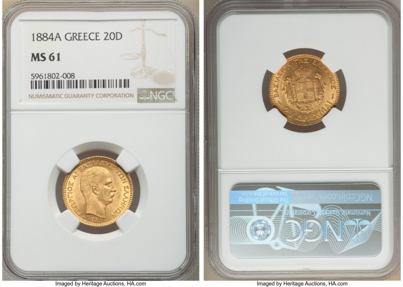 George I gold 20 Drachmai 1884-A MS61 NGC, Paris mint, KM56. One year type. AGW ...