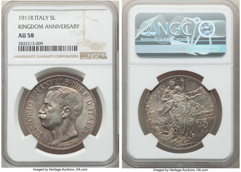 Vittorio Emanuele III 5 Lire 1911-R AU58 NGC, Rome mint, KM53. Mintage: 60,000. ...