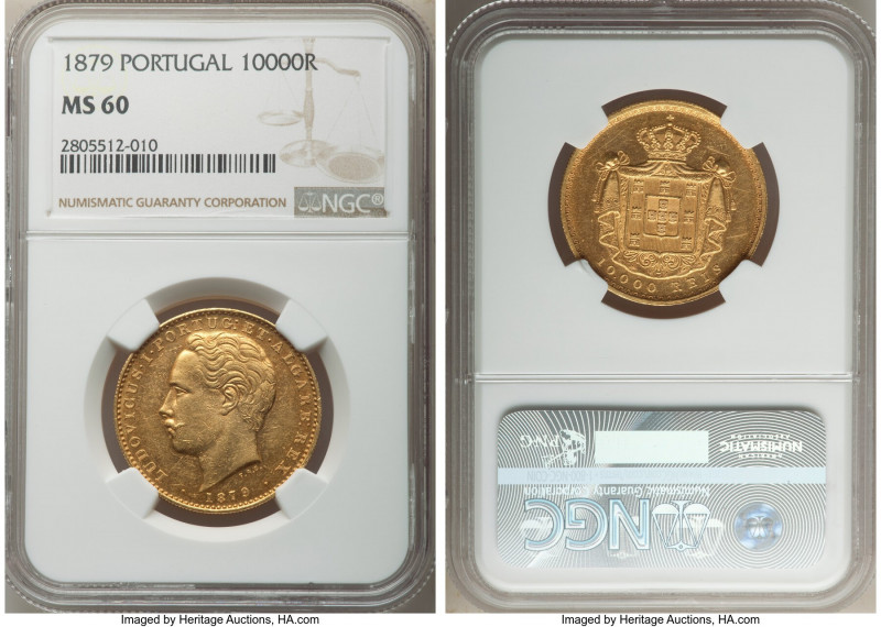 Luiz I gold 10000 Reis 1879 MS60 NGC, Lisbon mint, KM520. Fr-152. AGW 0.5229 oz....