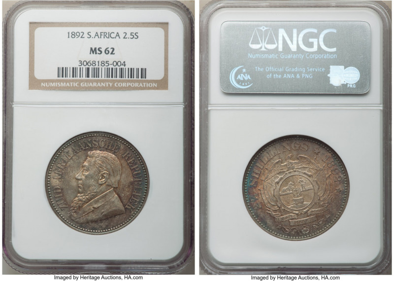 Republic 2-1/2 Shillings 1892 MS62 NGC, Berlin mint, KM7. Toned in shades of gol...