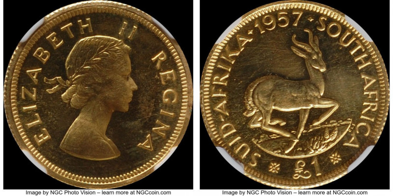 Elizabeth II gold Proof Pound 1957 PR64 Cameo NGC, Pretoria mint, KM54. AGW 0.23...