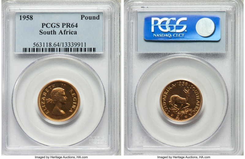 Elizabeth II gold Proof Pound 1958 PR64 PCGS, Pretoria mint, KM54. AGW 0.2355 oz...