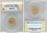 Visigoths. Sisenand gold Tremissis ND (631-636) MS62 ANACS, Ispali mint, Miles-269g var., CNV-346.6 var. +SISENΛDVS RE, royal bust facing / +•ISPΛ • L...