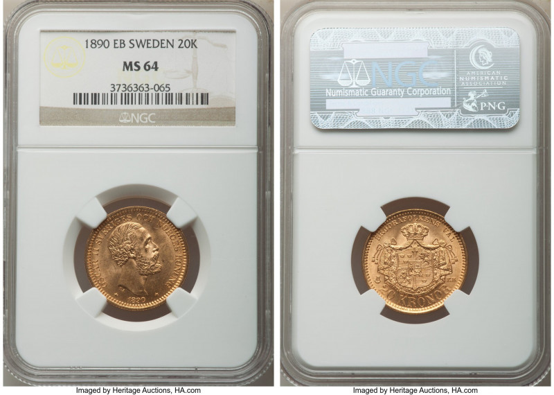 Oscar II gold 20 Kronor 1890-EB MS64 NGC, KM748. Rose colored gold with crisp lu...