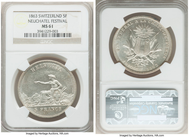 Confederation "Neuchatel - La-Chaux-de-Fonds Shooting Festival" 5 Francs 1863 MS...