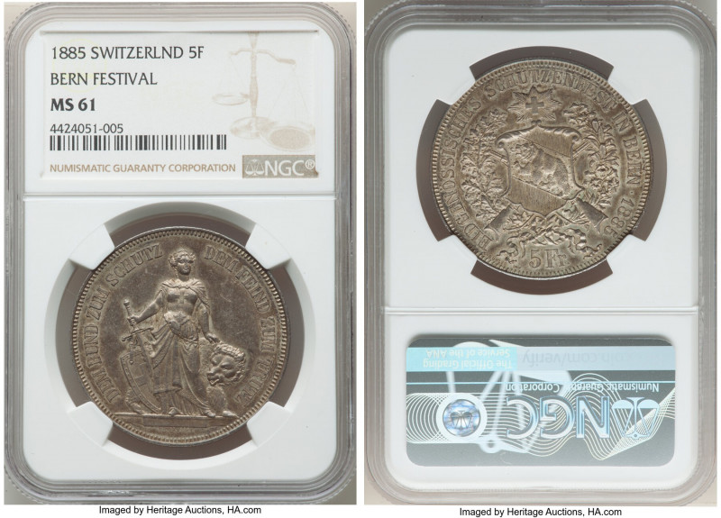 Confederation "Bern Shooting Festival" 5 Francs 1885 MS61 NGC, KM-XS17, Richter-...