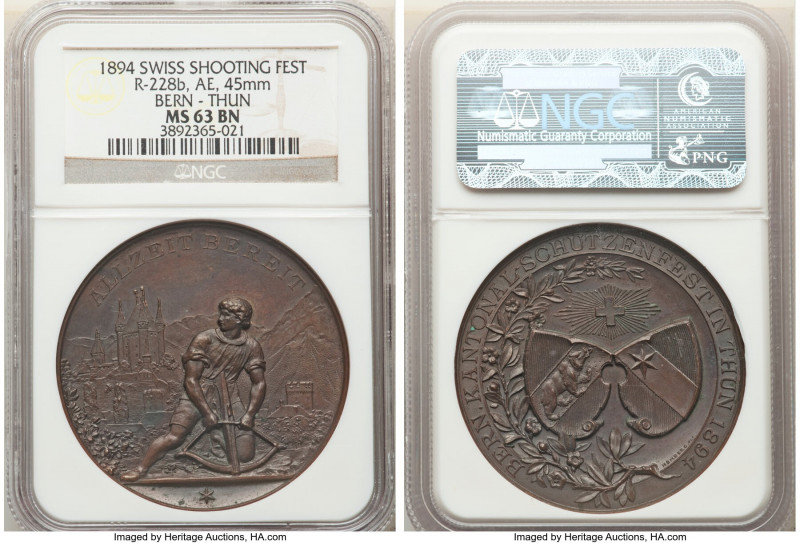 Confederation bronze "Bern - Thun Shooting Festival" Medal 1894 MS63 Brown NGC, ...