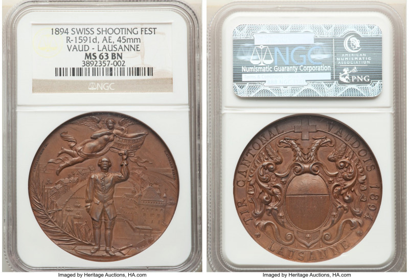 Confederation bronze "Vaud - Lausanne Shooting Festival" Medal 1894 MS63 Brown N...