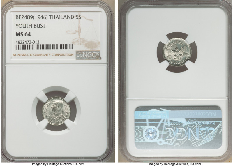 Rama VIII 5 Satang BE 2489 (1946) MS64 NGC, KM-Y68. Youth bust left. 

HID0980...