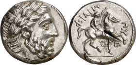 Imperio Macedonio. Filipo II (359-336 a.C.). Anfípolis. Tetradracma. (S. 6683 var) (CNG. III falta) (LeRider pl. 46, 14). Golpe de cizalla en reverso....