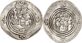 Imperio Sasánida. Año 32 (622 d.C.). Khusru II. NAR (Nahr Tira). Dracma. (Mitchiner A. & C. W. 1167 var). 4,14 g. EBC-.