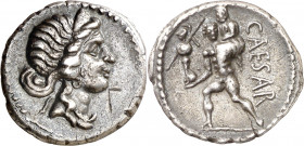 (47-46 a.C.). Julio César. Denario. (Spink 1402) (S. 12) (Craw. 458/1). Contramarca en anverso. 3,70 g. MBC+.