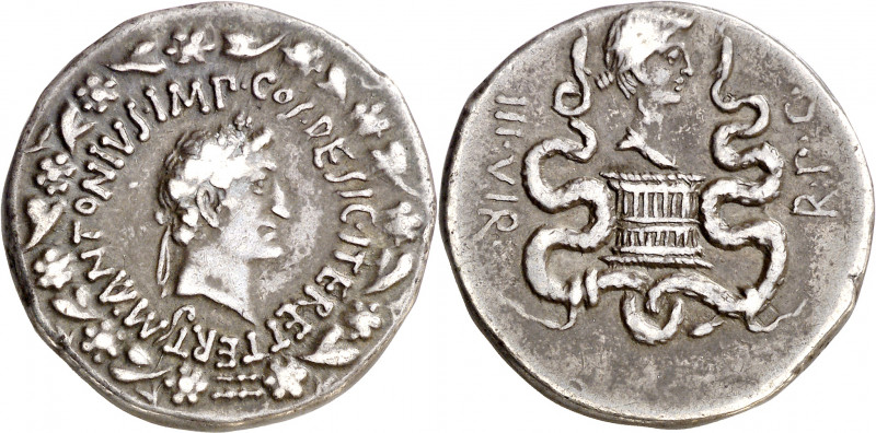 (39 a.C.). Marco Antonio y Octavia. Efeso. Cistóforo. (Spink 1512) (S. 2) (RPC. ...