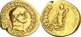 (70 d.C.). Vespasiano. Áureo. (Spink falta) (Co. 81) (RIC. 1104) (Calicó 602). Leve grieta. 6,95 g. MBC/MBC-.