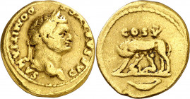 (77-78 d.C.). Domiciano. Áureo. (Spink 2621) (Co. 50) (RIC. 960, de Vespasiano) (Calicó 820). 7,49 g. MBC-.